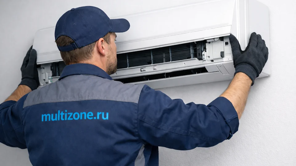 Мужик вешает кондей на стену в Санкт-Петербурге